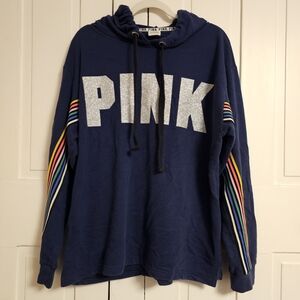 PINK Victoria's Secret Navy Hoodie with Silver and Rainbow Accents